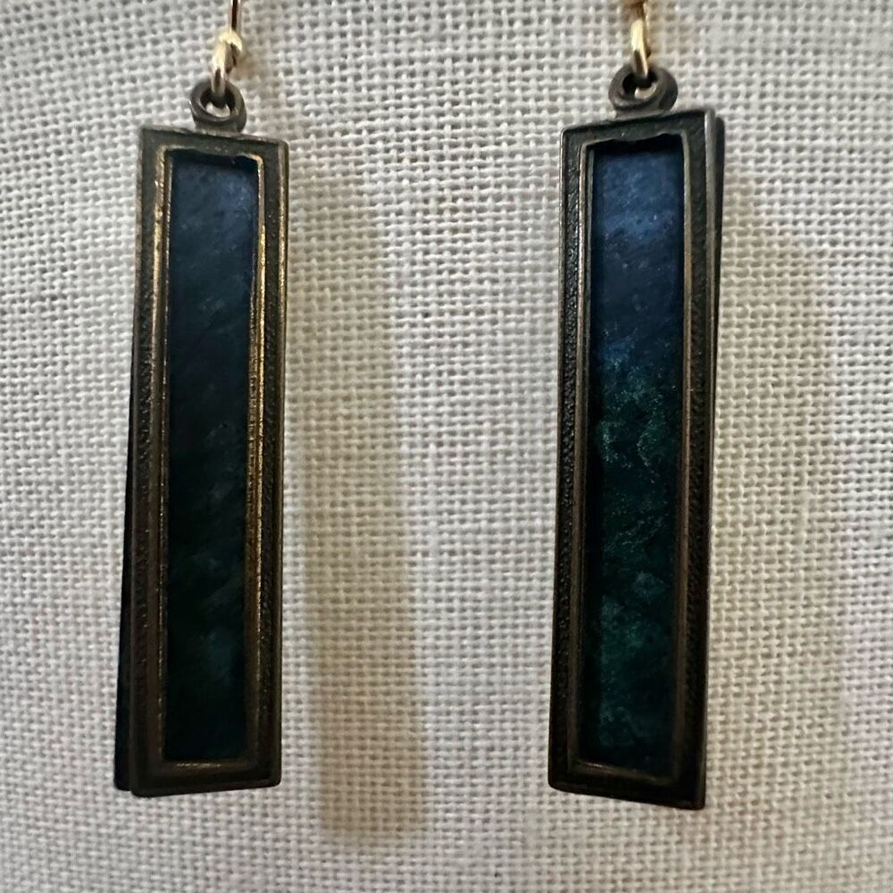 Modernist Patina Rectangle Drop Earrings with Gold-Tone Hooks